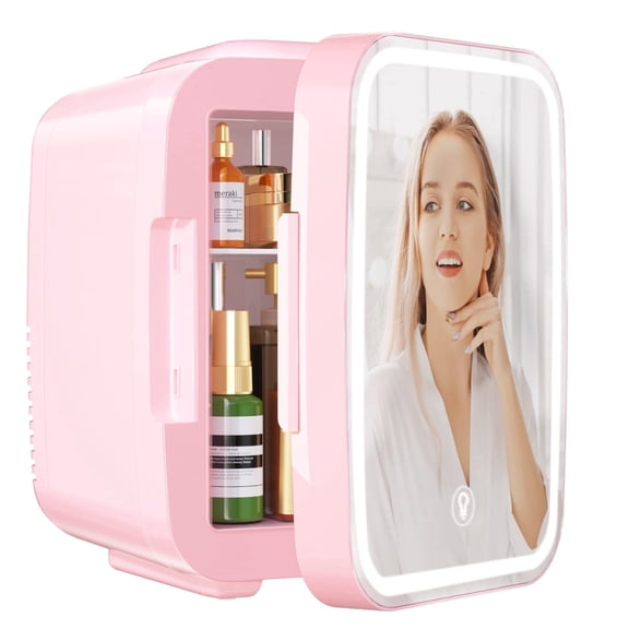 Skincare Fridge Mini Fridge for Bedroom with Dimmable LED Mirror, 4Liter/6 Cans Cooler and Warmer for Makeup, Cosmetic, Beauty, Portable Refrigerator for Bedroom, Vanity, Office and Car- Pink