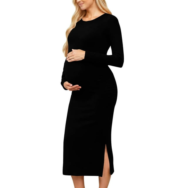 Robe de Maternité pour Femmes, Robe Midi à Manches Longues et Col Rond avec Fentes Latérales, Robe de Grossesse Douce et Extensible pour Baby Shower et Usage Quotidien