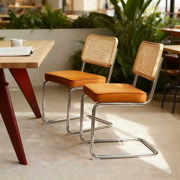 LQLI Mid Century Modern Dining Chairs Set of 2, Rattan Dining Room Kitchen Side Chairs with Upholstered Seat and Metal Chrome Legs