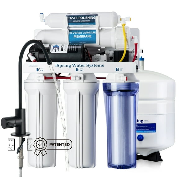 iSpring RCC7P-BLK, 5-Stage Reverse Osmosis System with Booster Pump, Up to 2:1 Pure to Drain RO Water Filtration System, Sleek Black RO Faucet, TDS PFAS Microplastic Removal