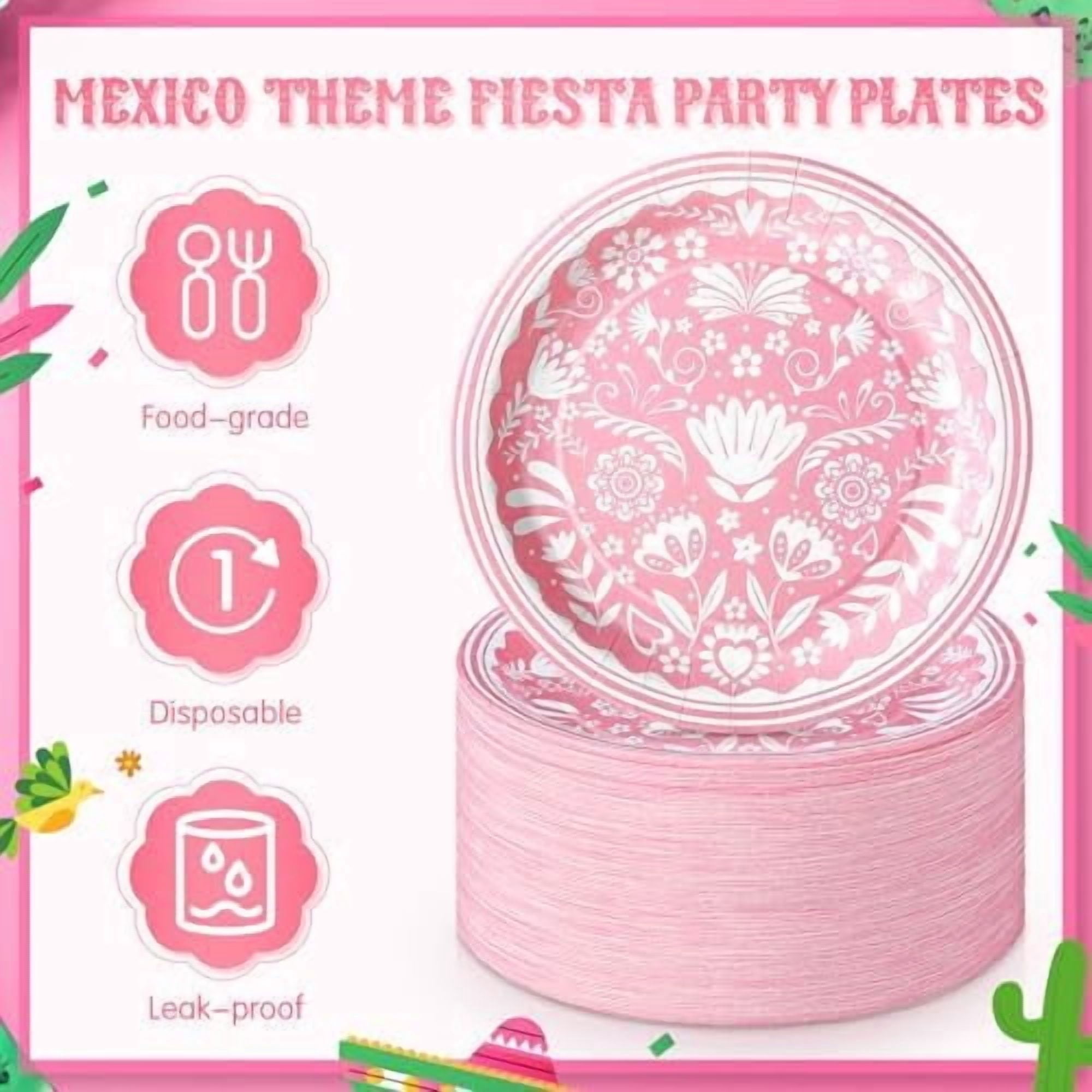 100 Pcs Pink Cielito Lindo Paper Plates 7 Inch Cinco De Mayo Cielito Lindo Baby Shower Decoration Mexican Floral Disposable Cake Dessert Plates for Fiesta Birthday Party Supplies