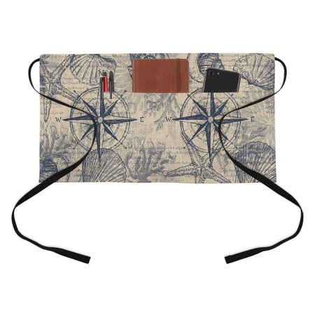 Vintage Nautical Half Waist Apron Summer Navy Blue Compass Shell Starfish Brown Short Waiter Aprons with 3 Pockets for Women Men Kitchen Restaurant Cooking