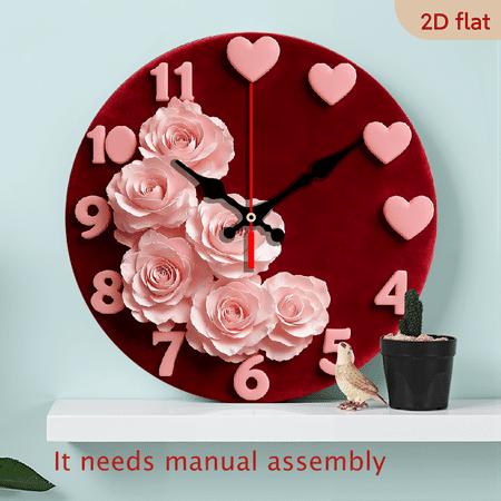 1pc 10Inch Pink Velvet Love Letter Round Wall Clock, Wooden Round Silent Movement, Battery Powered, Suitable for Meditation, Living Room, Bedroom, and Dining Room Decoration - AA Batteries Not