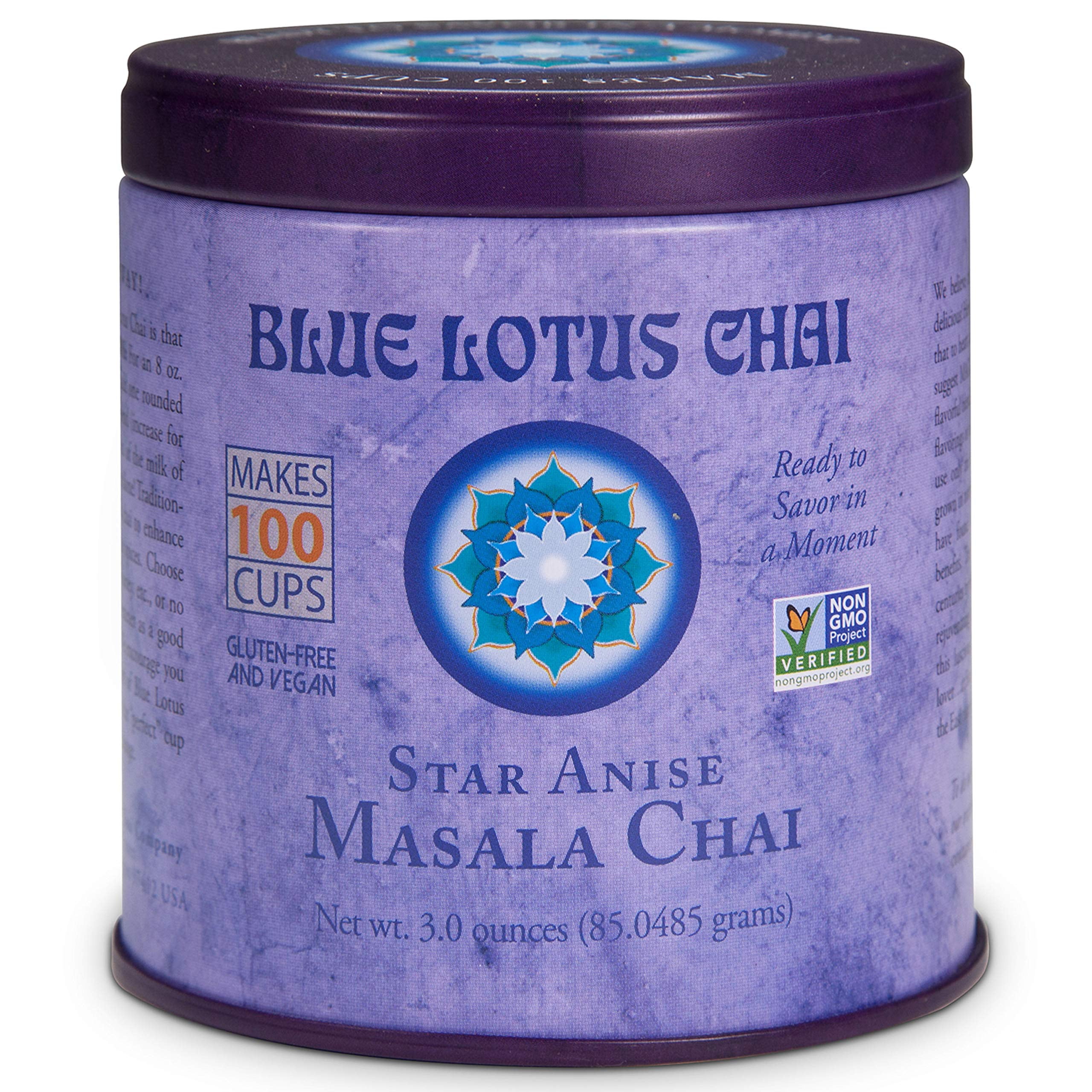 Blue Lotus Chai - Star Anise Flavor Masala Chai - Makes 100 Cups - 3 Ounce Masala Spiced Chai Powder with Organic Spices - Instant Indian Tea No Steeping - No Gluten, 3 Ounce (Pack of 1) 3