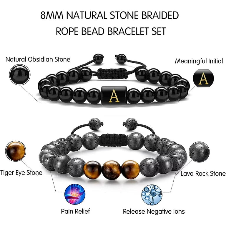 Initial Beaded Bracelets for Men, 8mm Tiger Eye Lava Rock Stone