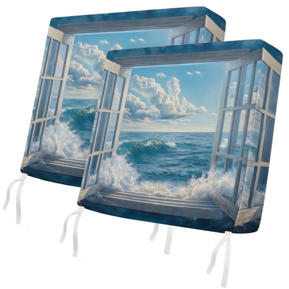Outdoor Patio Cushion Covers 2 Pack Beach Waves Chair Pads Slipcovers with Ties & Zipper Waterproof Seat Cover Set Blue Sky Cloud Window Seat Cushion Covers for Outdoor Couch Sofa 22x20 Inch