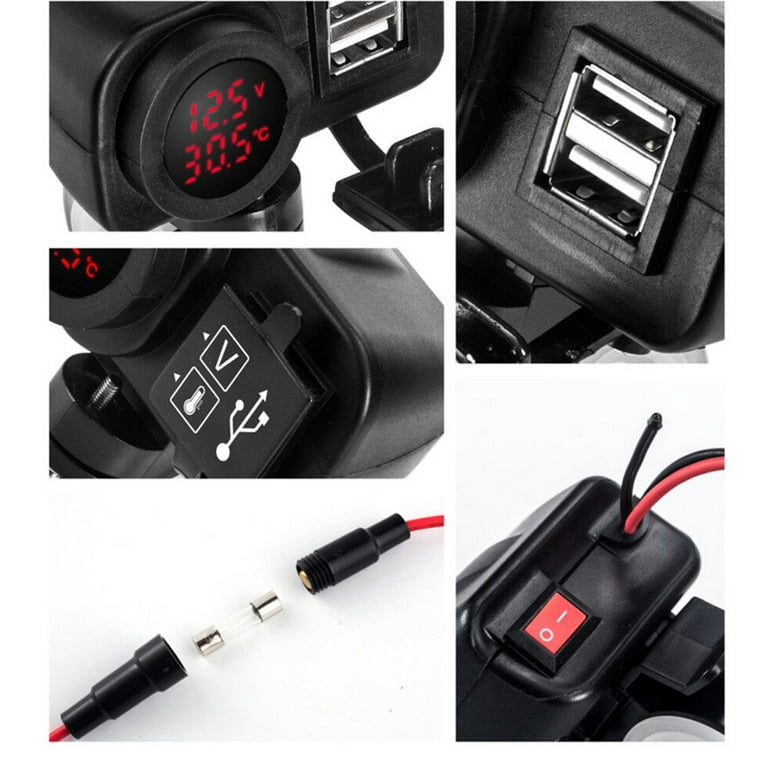 12v Motorcycle Usb Charger Dual Usd 5v 2.1a+volmeter Red Led