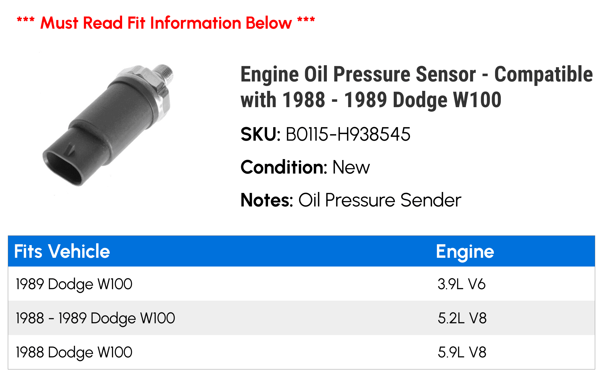 Engine Oil Pressure Sensor - Compatible with 1988 - 1989 Dodge W100