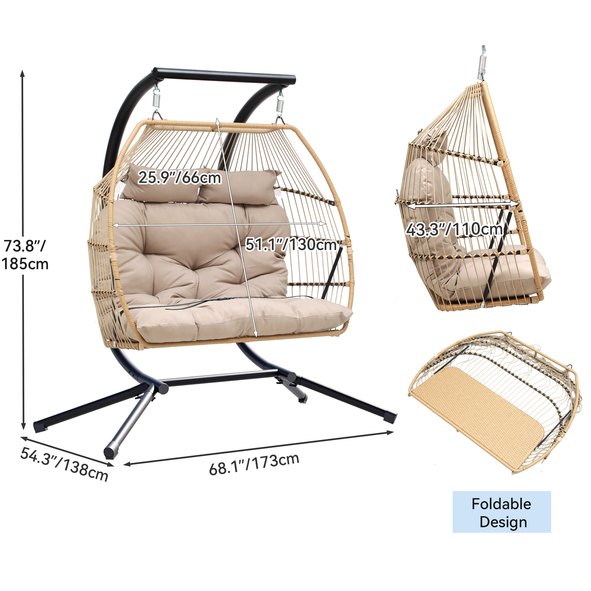 Uforic Hexagonal Khaki Double Hanging Outdoor Swing Chair, Comfortable Dual Seating, Woven Rattan Love Seat with Stand and Cushions, 500lbs Load Ability, Ideal for Deck, Lawn, Veranda