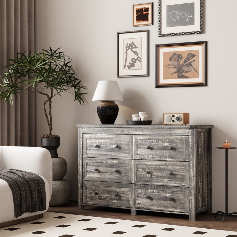 Fanral Dresser for Bedroom with 6 Drawers,Wood Metal Handle Closet Storage Cabinet,Wide TV Stand Chests of Drawers,Gray Dresser, Adult Unisex, Size