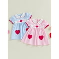 thumbnail image 3 of BemeyourBBs Kids Toddler Baby Girls Valentines Dress Outfit Little Girl Spring Summer Clothes Puff Short Sleeve Doll Collar Heart Embroidery A Line Dress, 3 of 9