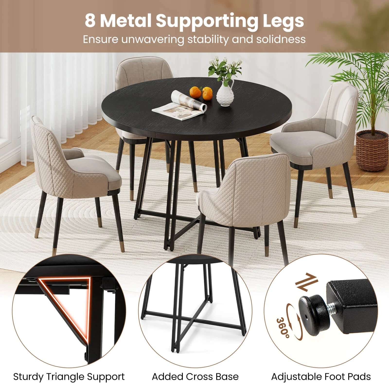 Auranook 47 Inch Dining Table w/8 Metal Supporting Legs & Cross Base for Dining Room