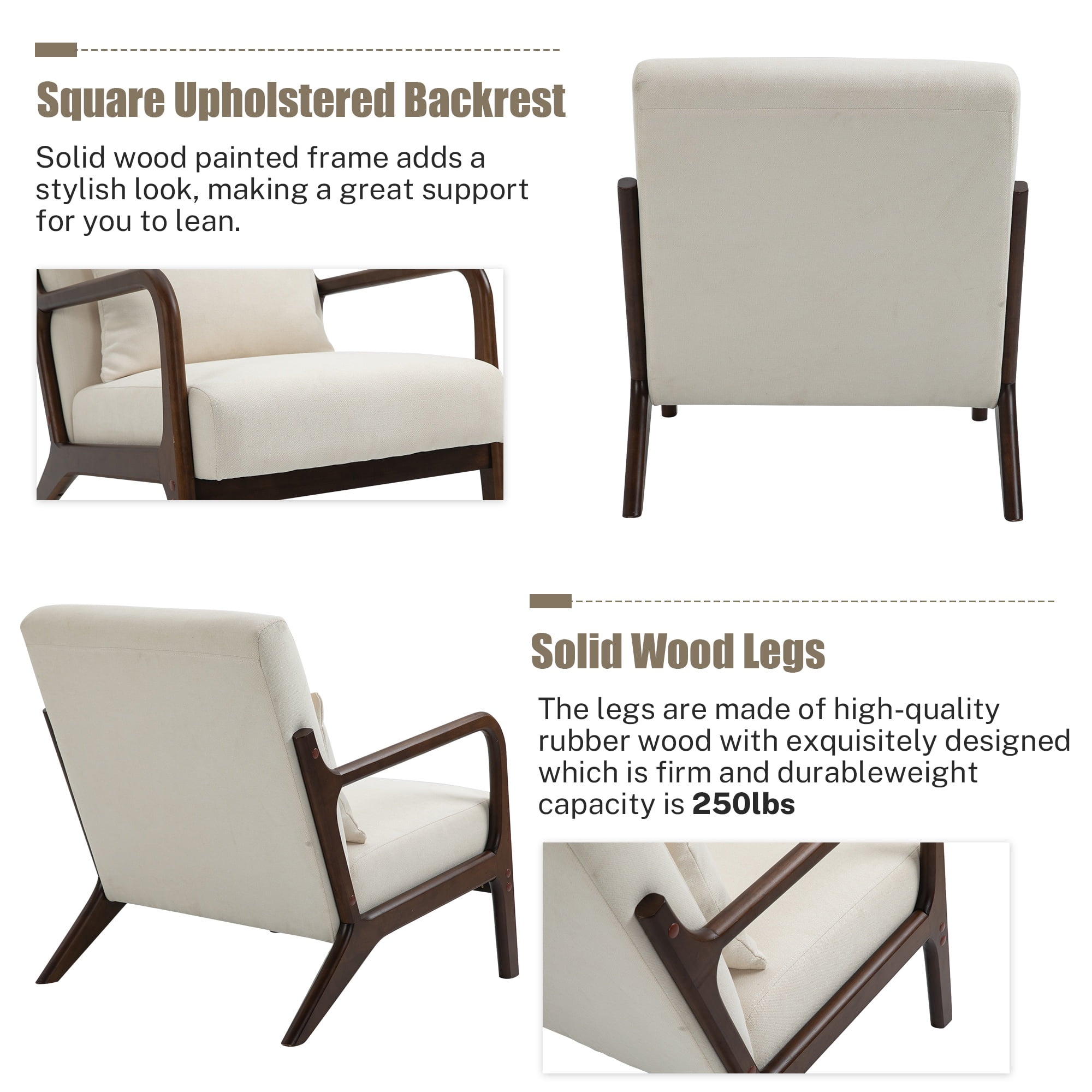 PAPROOS Mid-Century Modern Accent Chair, Velvet Fabric Arm Chair with Wood Frame and Pillow, Upholstered Armchair Comfort Reading Chair Lounge Chair for Living Room Bedroom Sunroom, Beige