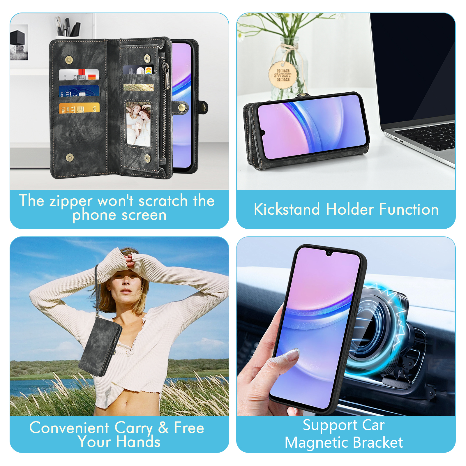 Asuwish Compatible with Samsung Galaxy A15 5G/4G Phone Case Zipper Wallet Detachable Tempered Glass Screen Protector Crossbody Lanyard Strap Flip Card Holder Cell Cover for A 15 G5 15A Women Black