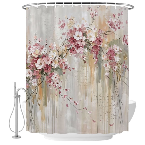 72x78 Inch Shower Curtain Pink Cherry Blossoms Bathroom Decor, Waterproof Fabric Bathtub Bath Curtains Decorative Vintage Branch Flowers Oil Painting Extra Long Shower Curtain Set with Hooks