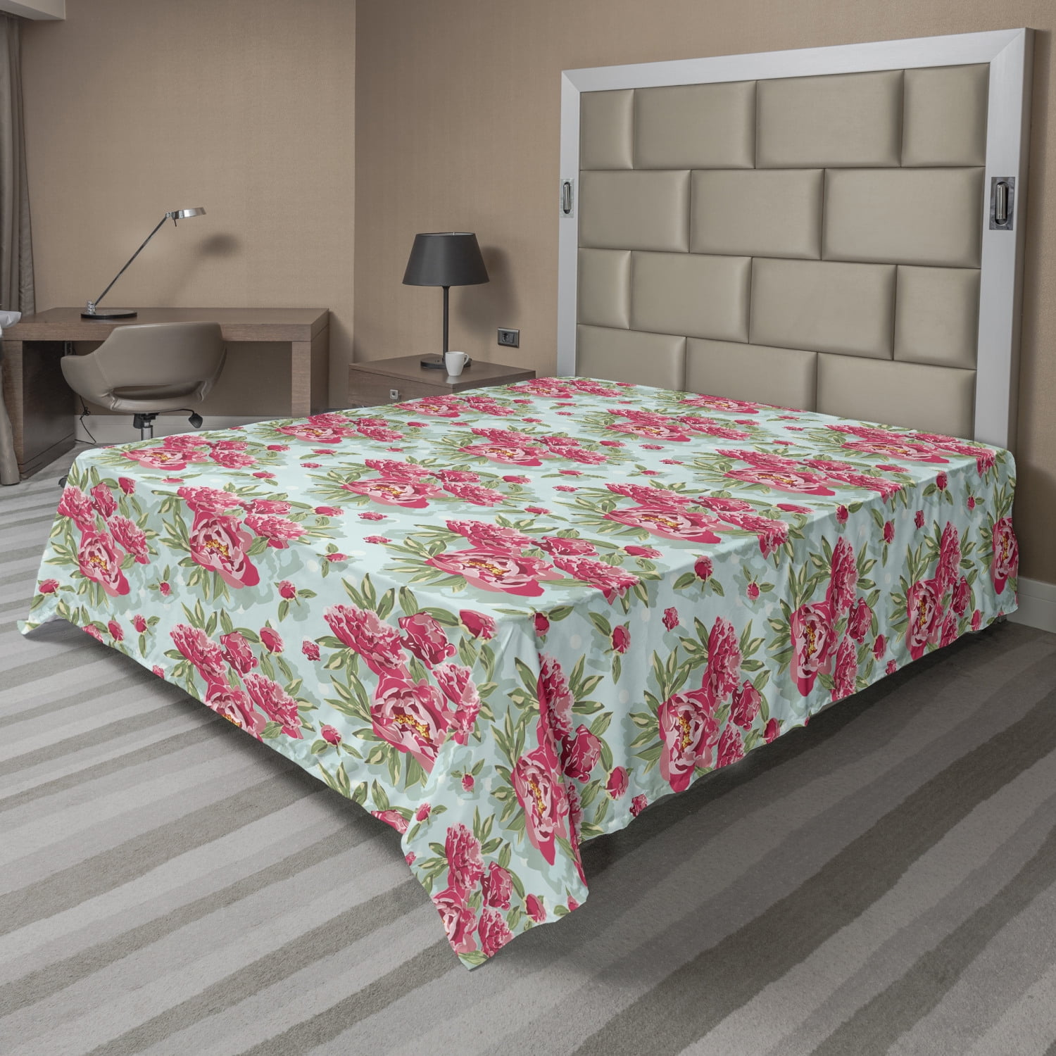 Floral Flat Sheet, Blooming Flowers and Leaves Vintage Garden Art, Soft