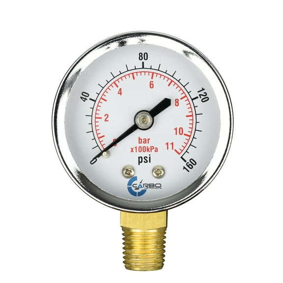 CARBO Instruments 2" Pressure Gauge, Chrome Plated Steel Case, Dry, 0-160 psi/kPa, Lower Mount 1/4" NPT