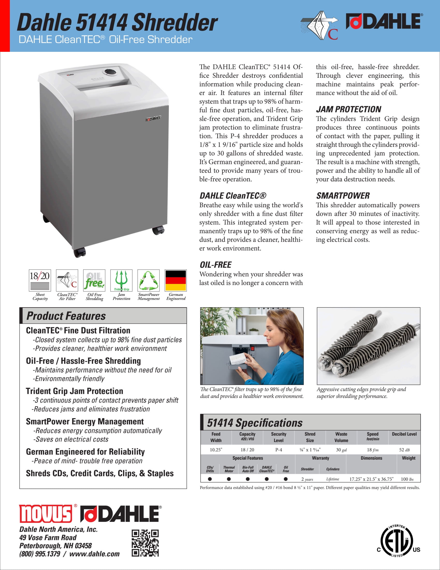 DAHLE CleanTEC 51414 Oil-Free Paper Shredder w/Air Filter, Jam Protection, 18 Sheet Max, Level P-4 | O-3
