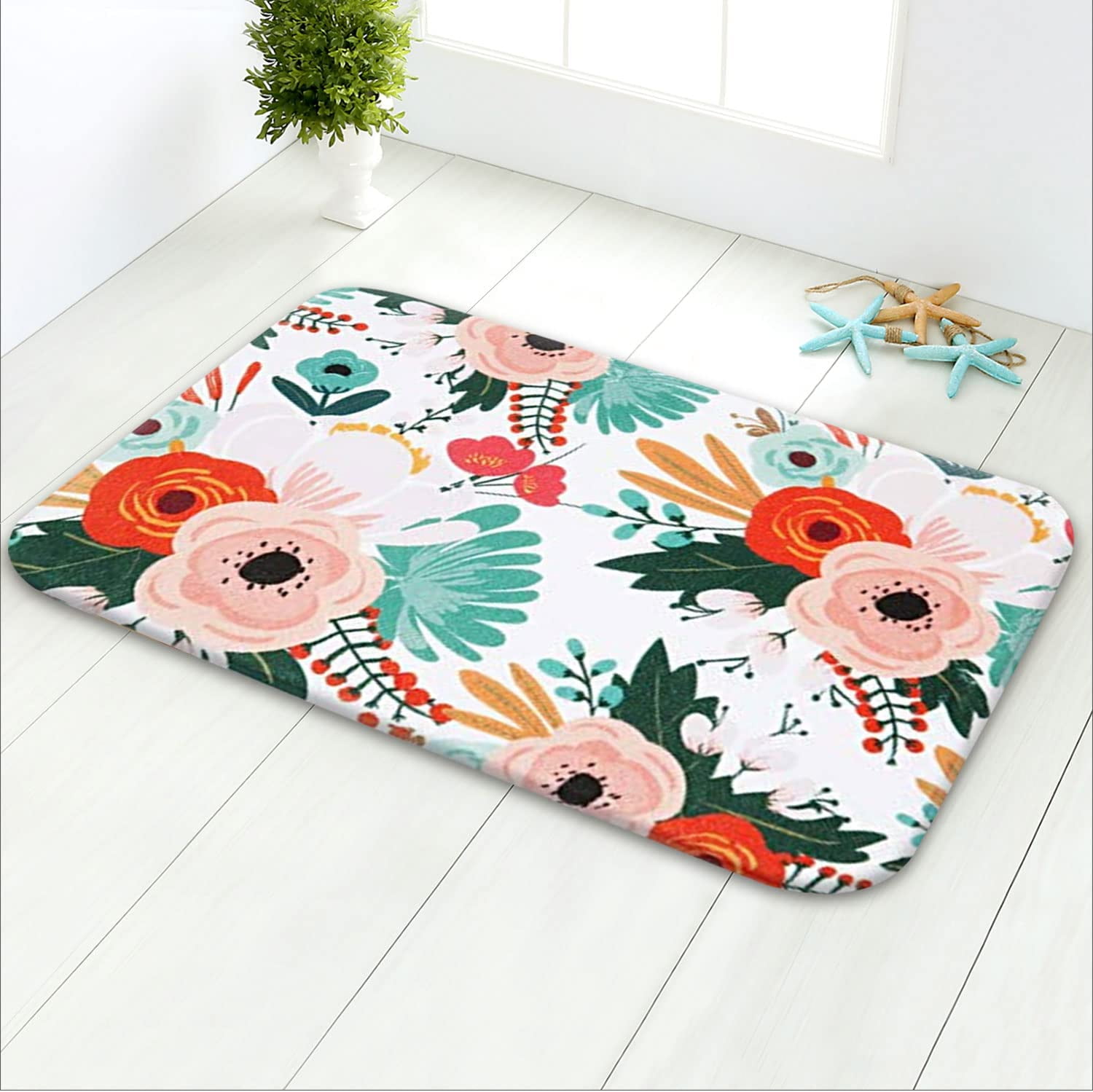 Floral Bath Mat, Flower Bathroom Rugs, Colorful Bath Rugs, 24''''X16