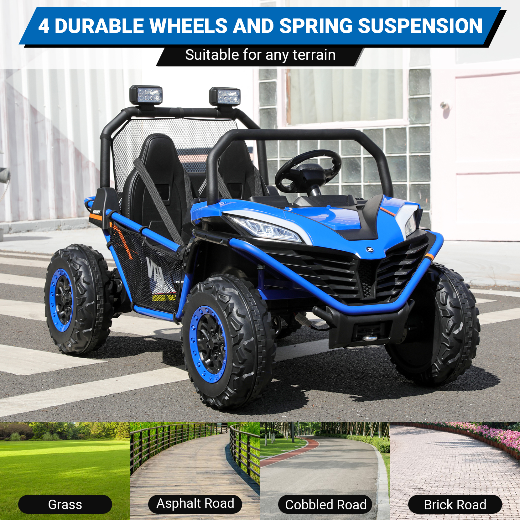 24V Kids Ride on Car, 2 Seater 10Ah Powered on Truck,4*200W Motor Electric Vehicles with Remote Control,Up to 5mph,Spring Suspension UTV for 3-8 Boys Girls,Blue