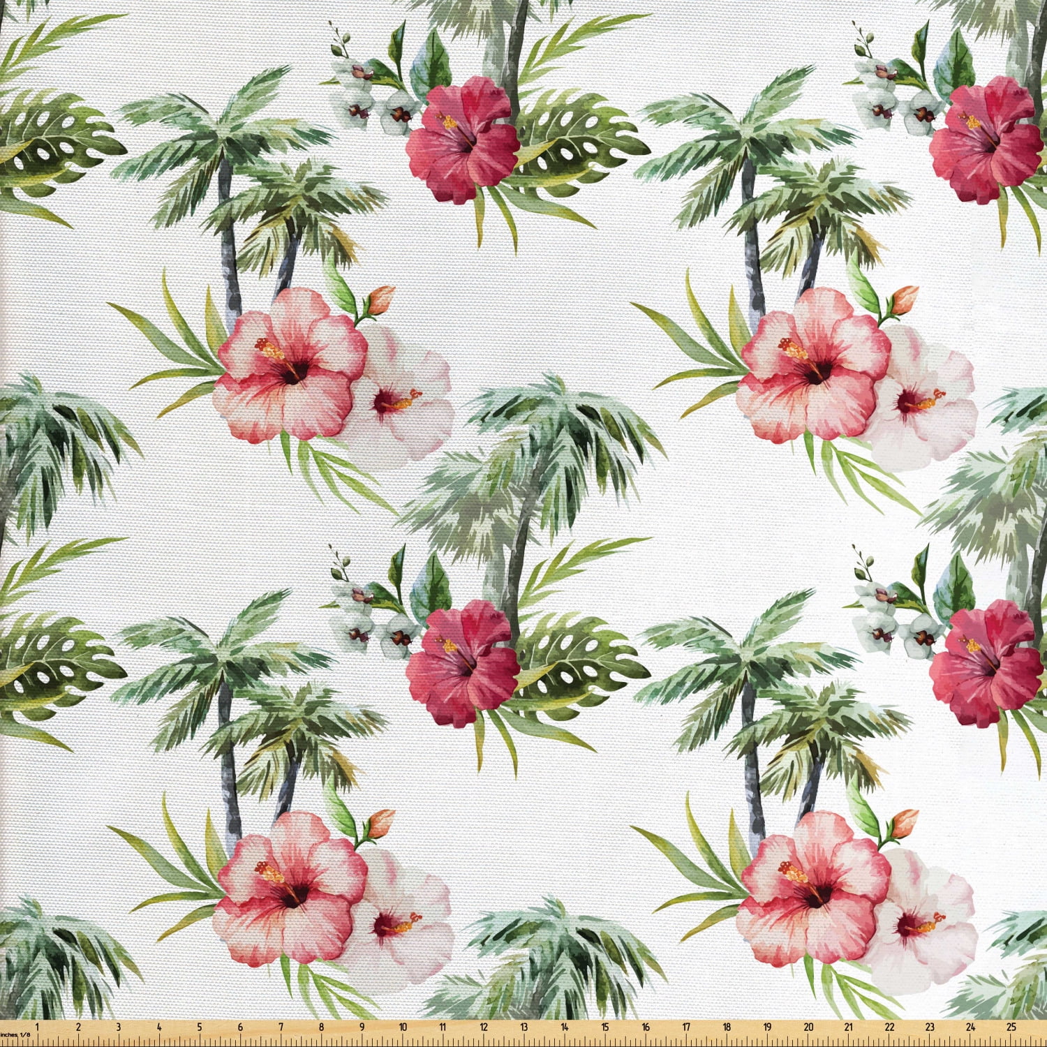 Hawaii Fabric by The Yard, Aquarelle Effect Palm Trees Hibiscus Flowers