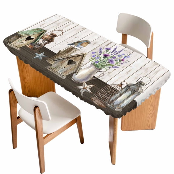 Vintage Flowers Table Cloths for 4 Foot Rectangle Tables, Wooden Birds Retro Art Farmhouse Patio Waterproof Elastic Fitted Tablecloths, Washable Rectangular Table Cover for Camping