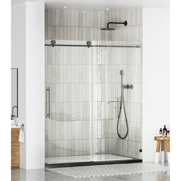 WinZo Frameless Shower Door 56-60" W x 76" H, Glass Shower Door, Shower Sliding Door with 5/16"(8mm) ANSI Clear Tempered Glass, Explosion-Proof Film, Stainless Steel Hardware, Matte Black