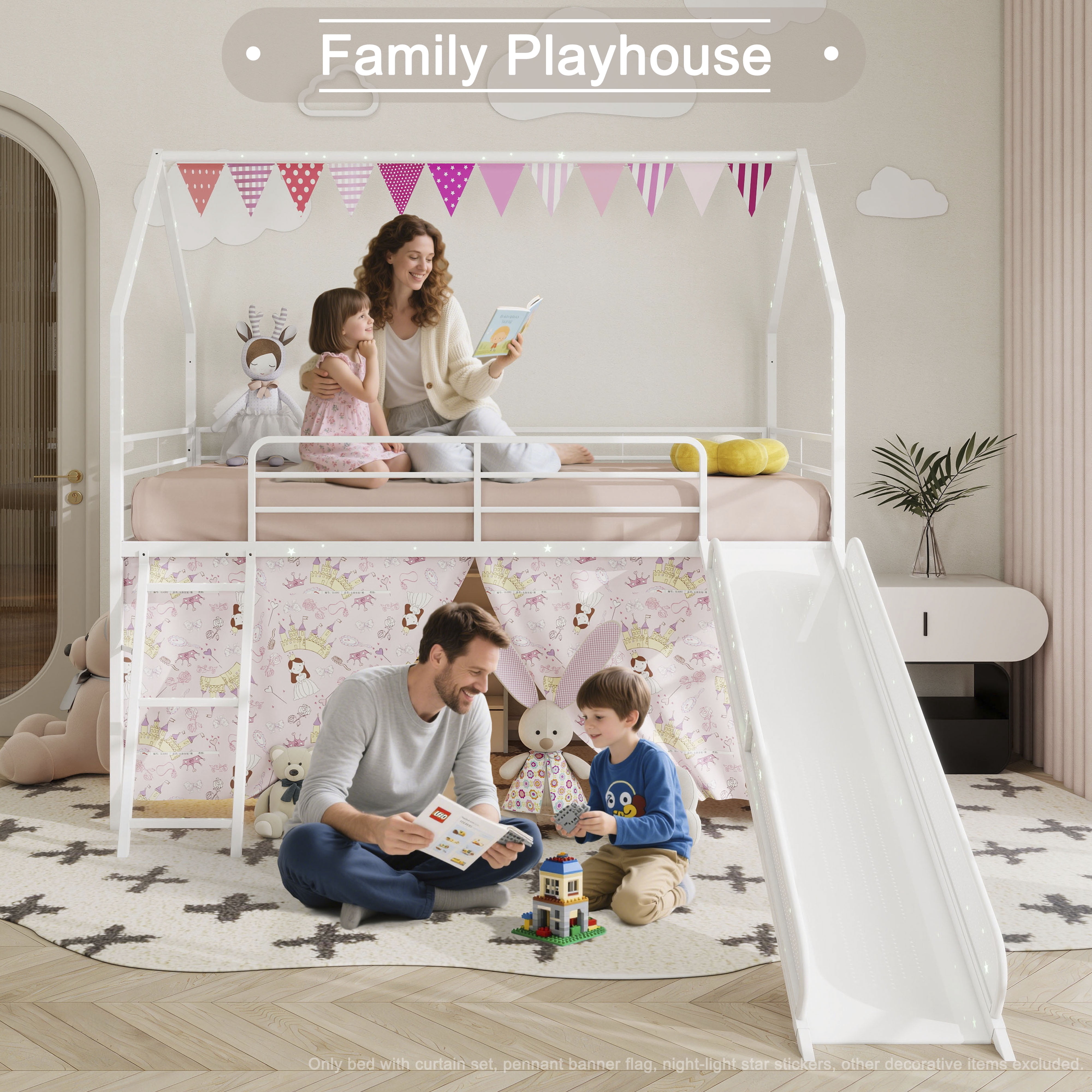 Miniyam Kids Twin Loft Bed with Slide and Curtain, House-Shaped Metal Frame Bunk with Guardrails, Ladder, Pink