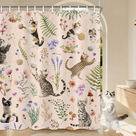 Cat Shower Curtain, Pink Boho Watercolor Floral Plant Shower Curtains for Bathroom, Cute Funny Animal Wildflowers Print Waterproof Polyester Fabric Shower Curtain Set with 12 Hooks,72X75IN