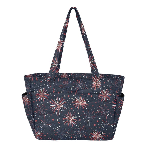FORMRS Tote Bag for Women Quilted Large Capacity Travel Work Carry On Shoulder Handbag, Red and White Fireworks Pattern
