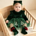 thumbnail image 2 of Mnyotv Baby Girl Rompers Christmas Outfits Flutter Long Sleeve Jumpsuit Bow Socks and Headbands 3Pcs Set Size 6-9 Months, 2 of 8