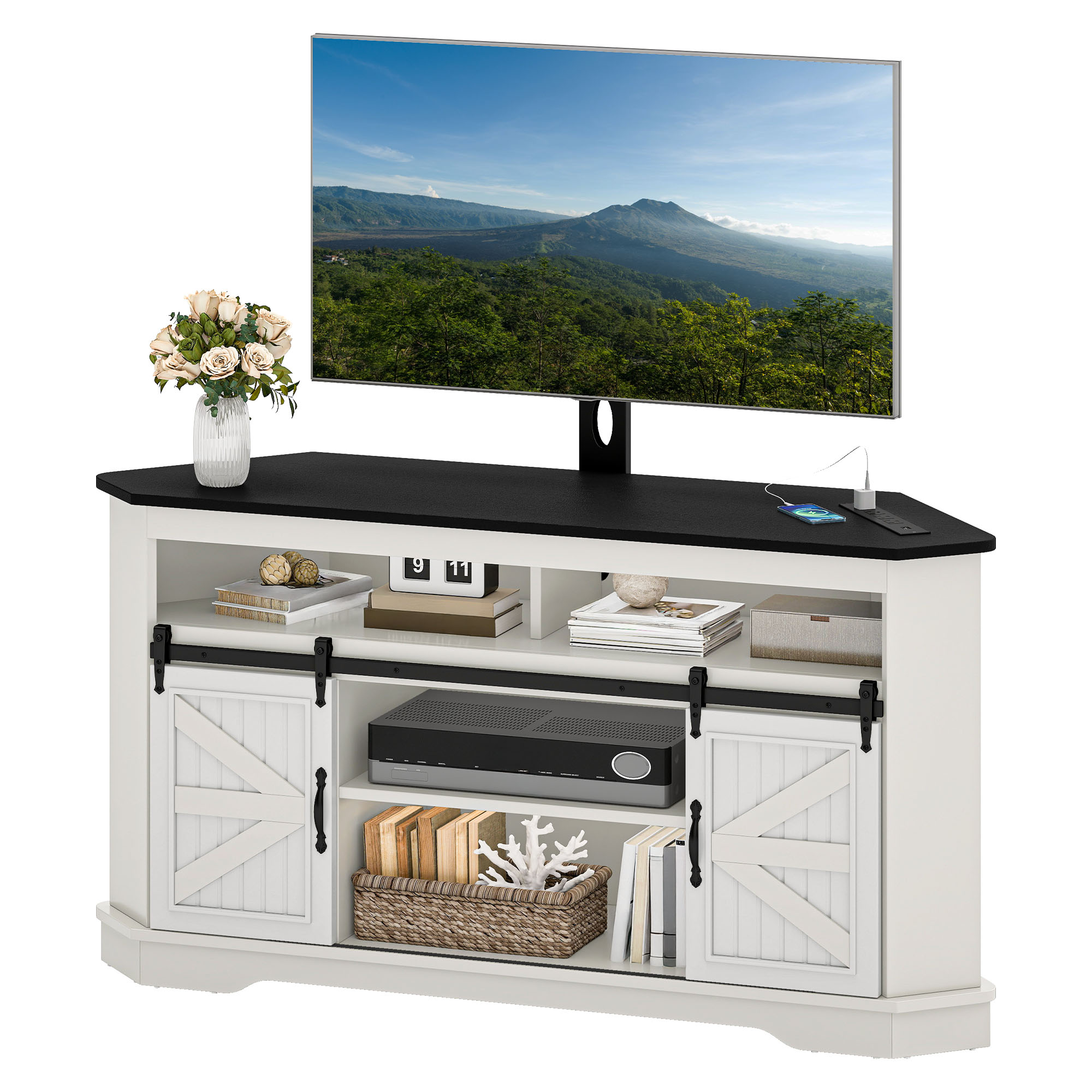 Craftian TV Stand for 70" TV with Mount, Farmhouse Entertainment Center with Power Outlets & Sliding Barn Doors, White