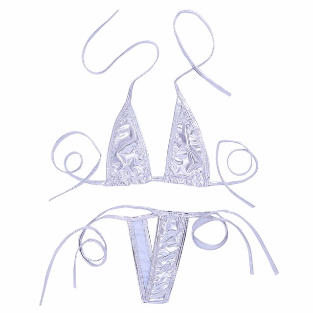 Aislor Haut de Soutien-Gorge Tour de Cou pour Femmes Mini Bikini Maillot à Bretelles avec String Maillot de Bain Argent Taille Unique
