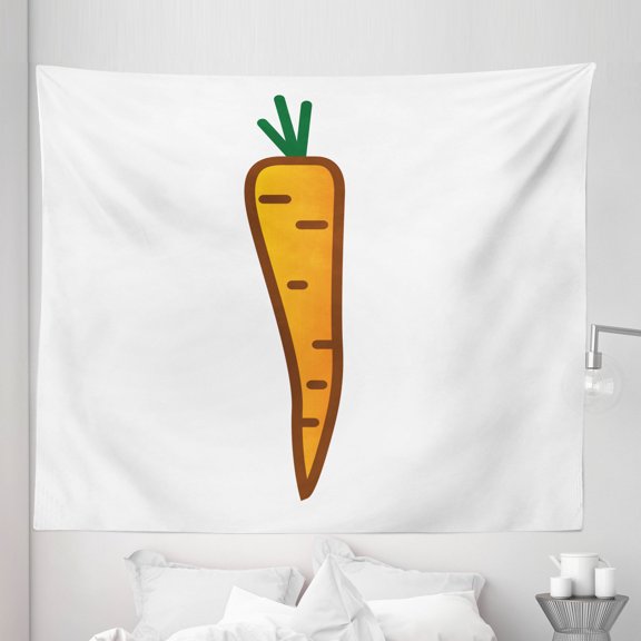 Green Orange Tapestry, Carrot Drawing with Doodle Simplistic Vegetable Design, Fabric Wall Hanging Decor for Bedroom Living Room Dorm, 5 Sizes, Dark Orange Emerald, by Ambesonne