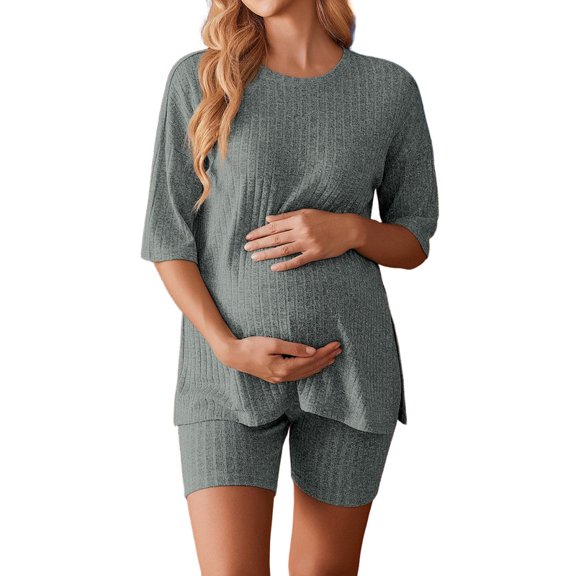 Weardear Maternity Sets 2 Piece Outfits Ribbed Knit Short Sleeve Split Side Shirts and Biker Shorts Summer Casual Pregnancy Loungewear