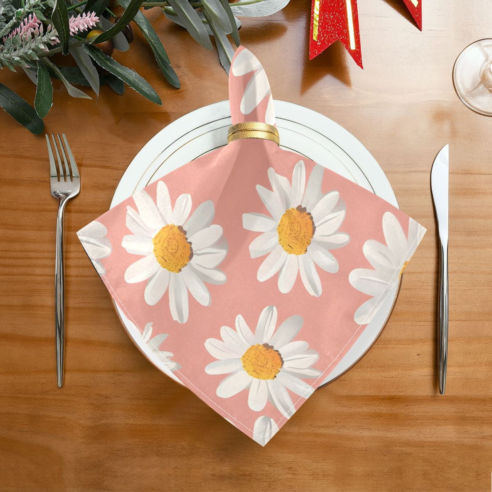 JSTEL Daisy Flower Pink Cloth Napkins Set of 6, 20x20 Inch Washable and Reusable Napkin for Decoupage Dinner Party Everyday Use