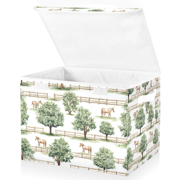 Yayeee Collapsible Cube Storage Bin with Lid Fabric Closet Decorative Basket with Handles, Watercolor Horses Pattern