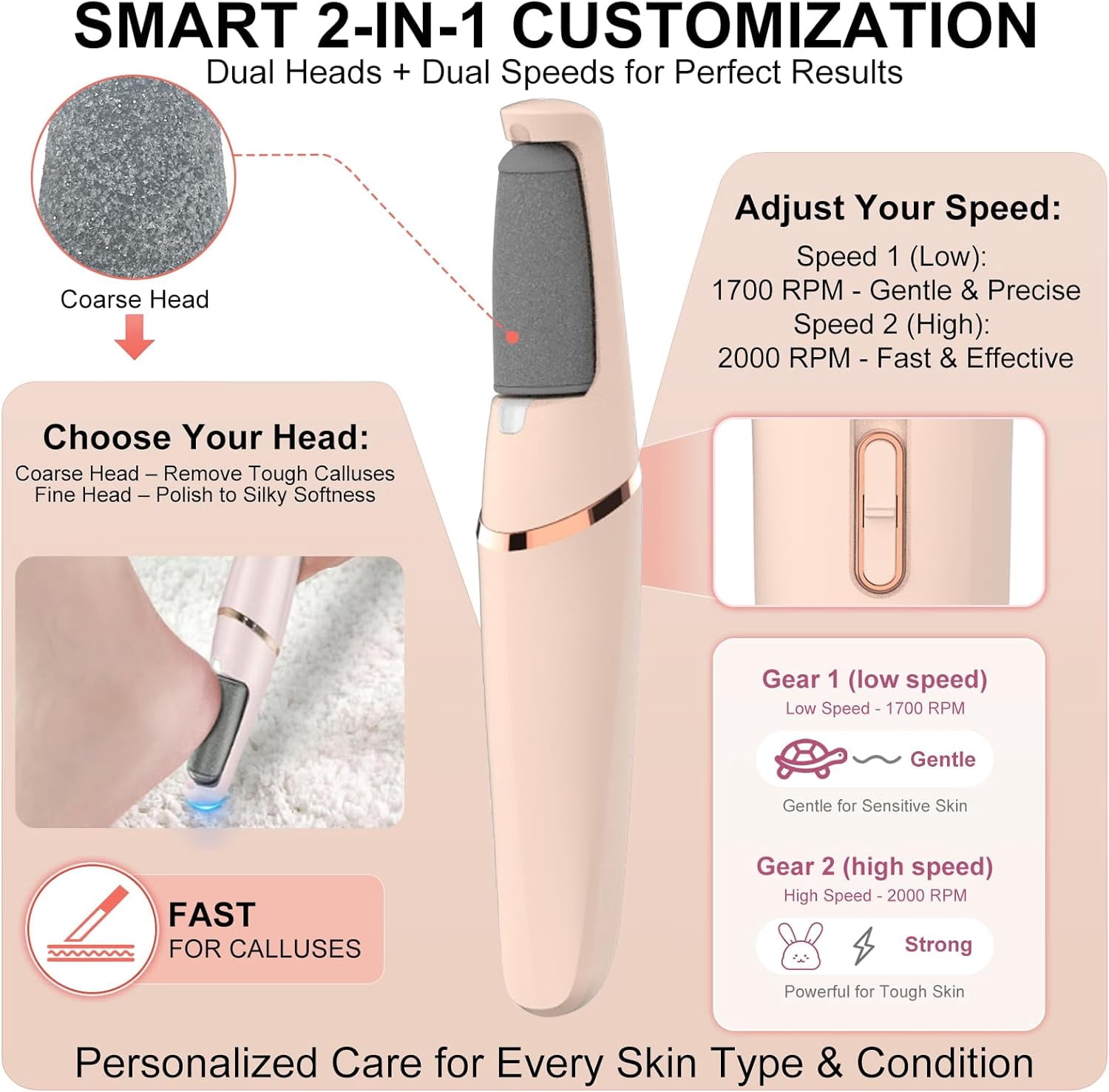 Aorsher Electric Callus Remover with 2 Durable Heads, Rechargeable Professional Cordless Hard Skin Removal for Dry &Dead Cracked Skin, Foot Pedicure Tool for Feet