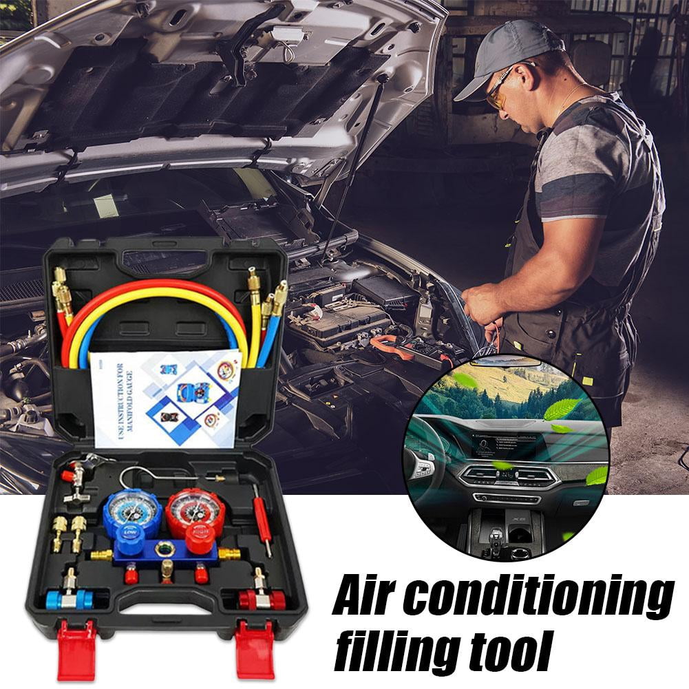 AC R1234YF Gauge Set, Automotive 4 Way R1234yf Refrigerant Recharge Kit,Auto R1234yf R134a Refrigerant Conditioner Recharge Kit, HVAC Gauges with Hoses