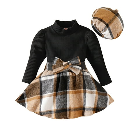 

JIEU Toddler Girl Ruffle Fashion Leisure Long Sleeve Top+ Plaid Mini Pleated Skirt+ Beret Hat 3Pcs Clothes Set Baby Kid Fall Winter Outfit