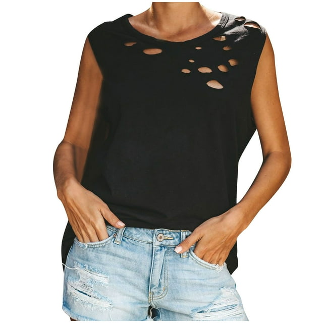 Pompotops Femmes Mode Été Col Rond Casual Trou Cassé Solide Tops Sans Manches Dégagement