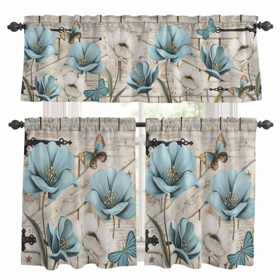 Teal Blue Tulips Kitchen Curtains Sets for Windows 24 Inch Length, Spring Floral Barn Doors Vintage Wood Beige Rod Pocket Window Treatments Tier Curtains and Valances Set for Bedroom/Bathroom