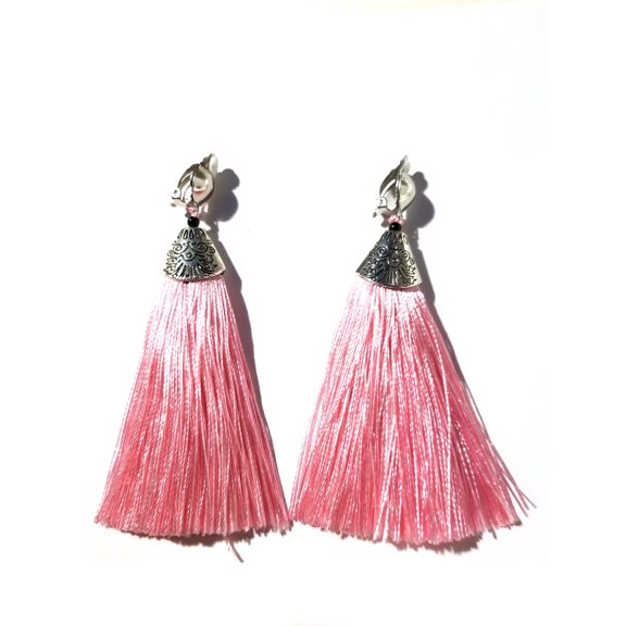 Clip-on Earrings Pink Tassel Fringe Earrings Lightweight Silver Bohemian Earrings