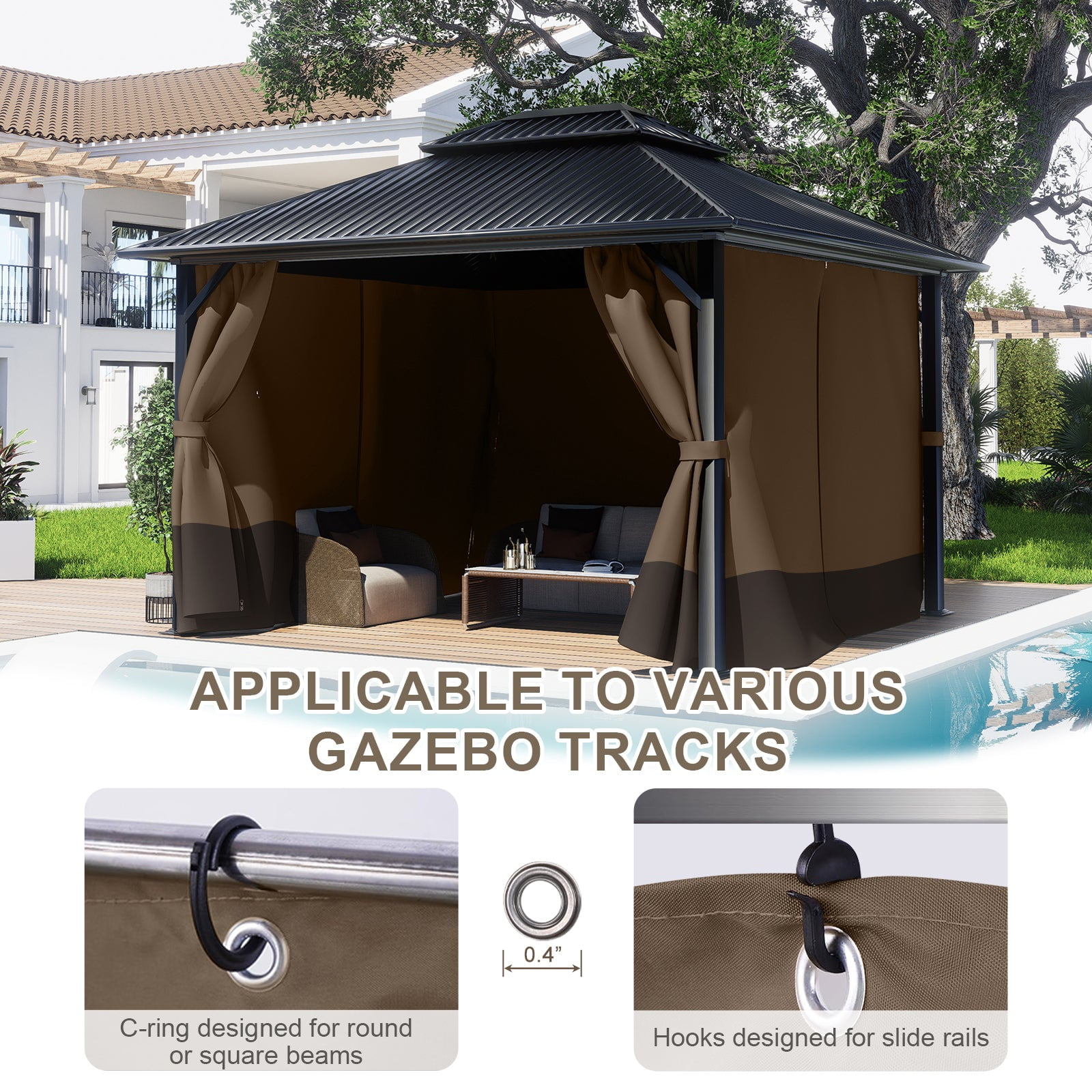 BPS 12'x16' Gazebo Replacement Curtain, Universal 4-Privacy Panel, Outdoor Gazebo Sidewalls with Zipper for Garden, Patio, Yard (Curtains Only)