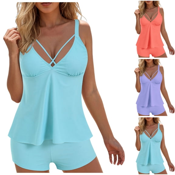 zaveiop Women Deep V-Neck Modest Tankini Swimsuit Two Piece Bathing Suits Floral Print Swim Tops with Boy Shorts (Purple, 3XL)