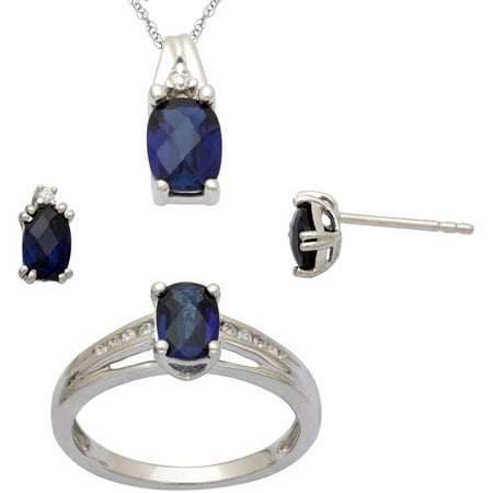 3.82 Carat T.G.W. Created Sapphire and CZ Sterling Silver Checkerboard Pendant, Earrings and Ring Set