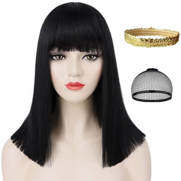 Peluca Tereshar negra con flequillo, 35 cm, resistente al calor, sintética