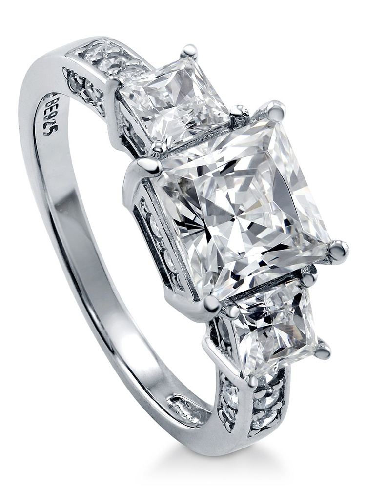 Rhodium Plated Sterling Silver Cubic Zirconia Cz 3 Stone Engagement