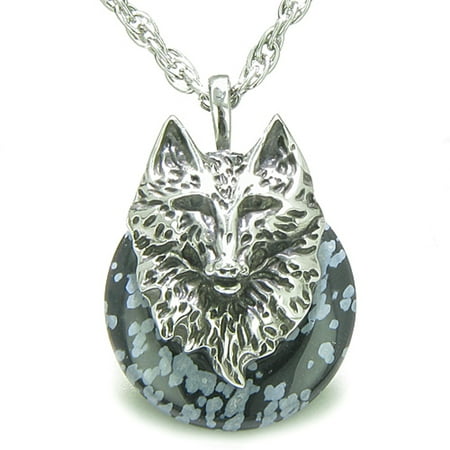 Handcrafted Snowflake Obsidian - Amulet Wolf Head Protection Powers Lucky Donut Snowflake Obsidian Pendant 18 Inch Necklace