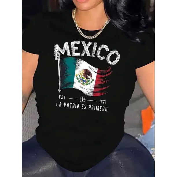 1pc Mexico Flag Print Women'S Short Sleeve T-Shirt - "Mexico Est 1821" Patriotic Design, Casual Crew Neck, All-Season Wear, Ideal for Mexican Independence Day & Patriotic Celebrations